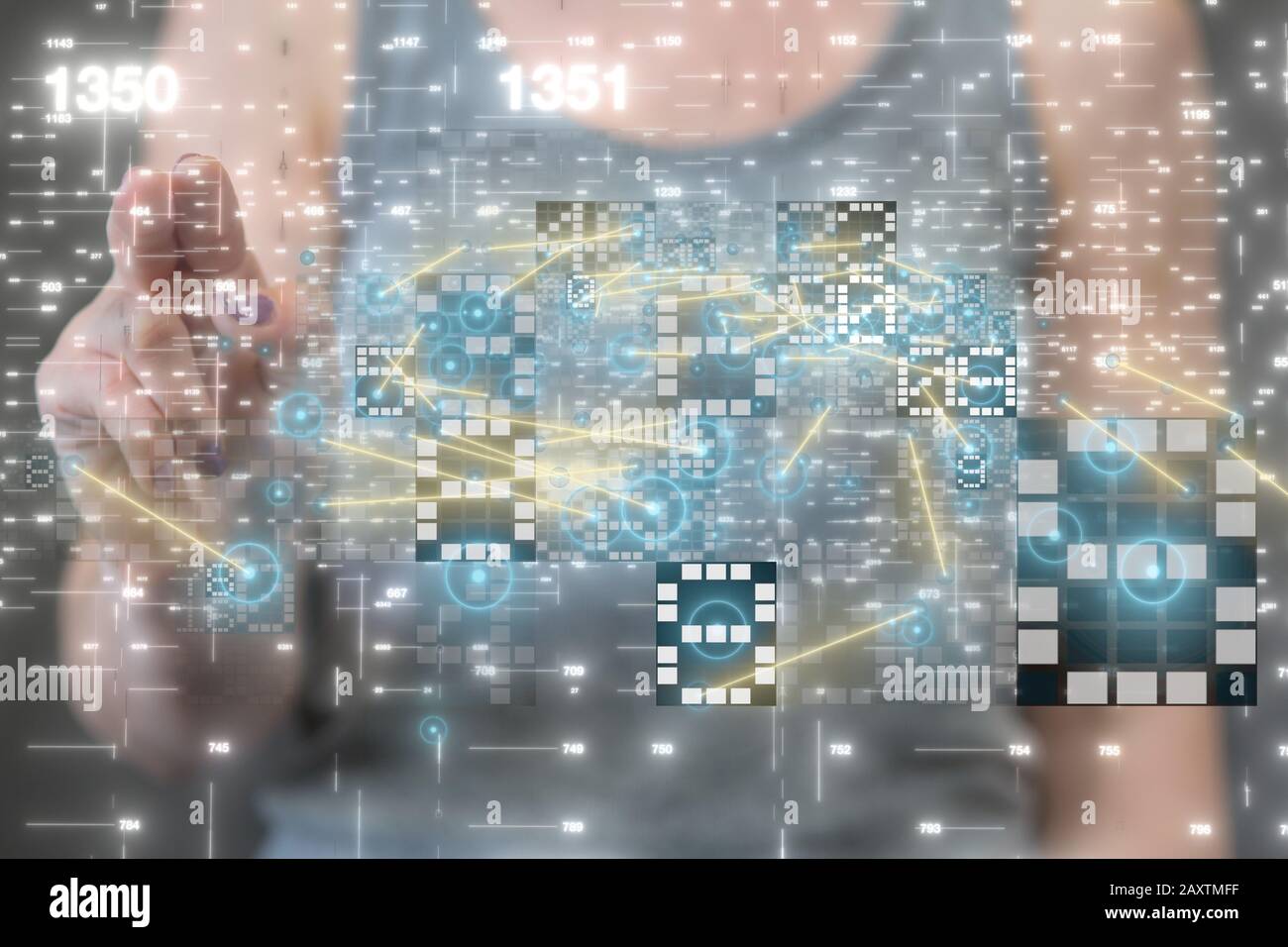 Person working with a modern virtual interface screen of a visual data Stock Photo
