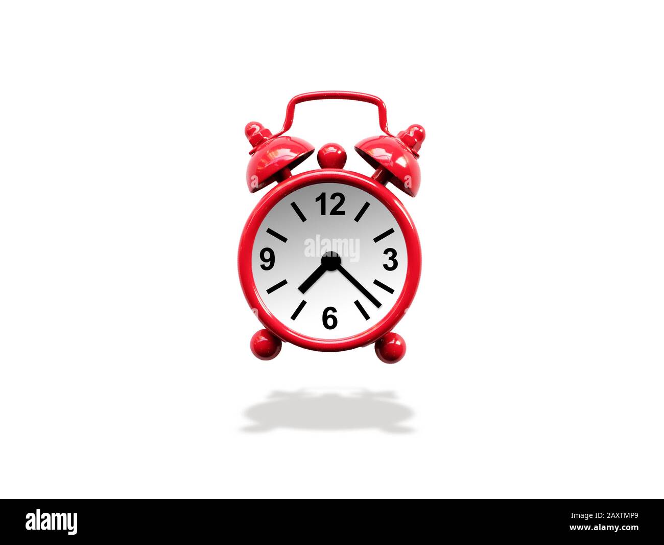 red retro alarm clock isolated on white background with shadow, studio shot Stock Photo