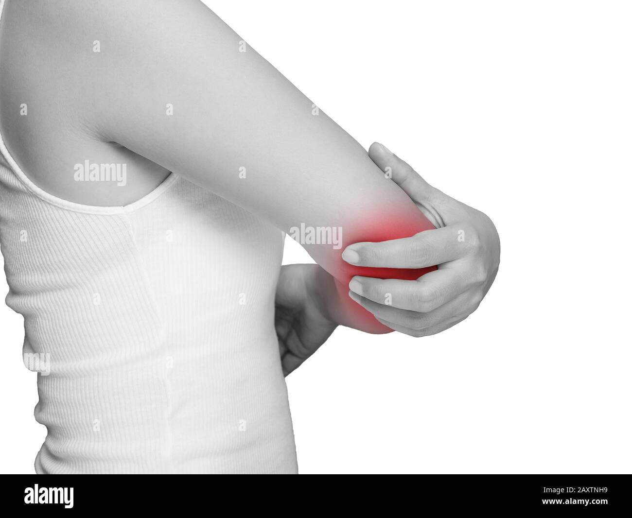 woman suffering from elbow pain, toggle pain. mono tone highlight at elbow , toggle isolated on white background. health care and medical concept Stock Photo