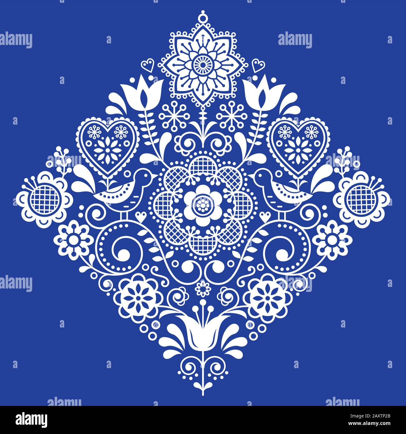 Folk art retro square vector pattern with birds and flowers, Scandinavian white and navy blue symmetric design Stock Vector