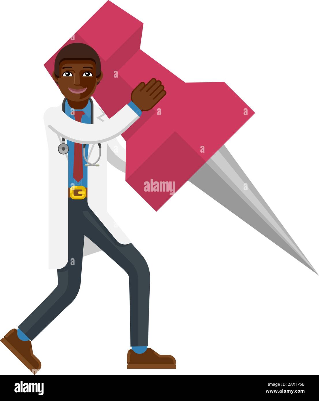 Black Doctor Man Holding Thumb Tack Pin Mascot Stock Vector