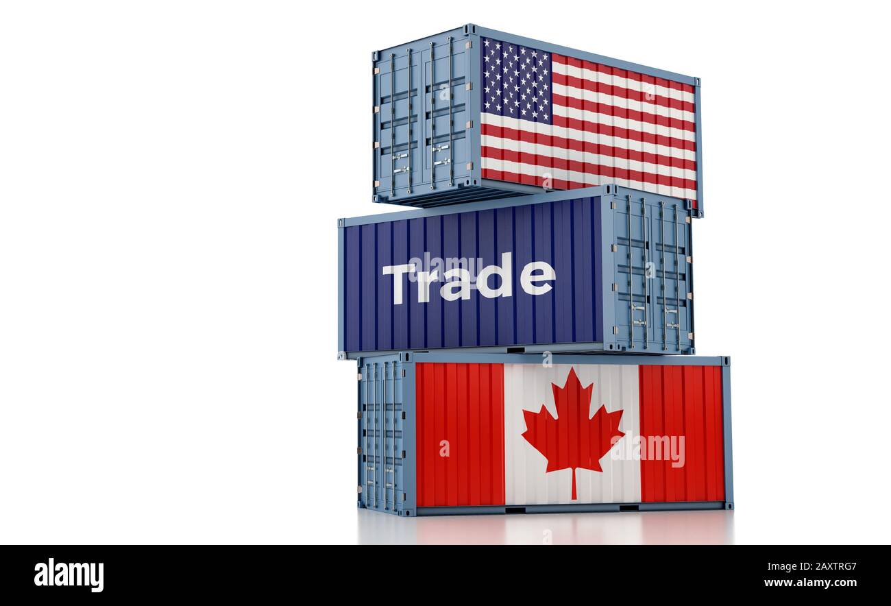 Freight container with USA and Canada flag. 3D Rendering Stock Photo