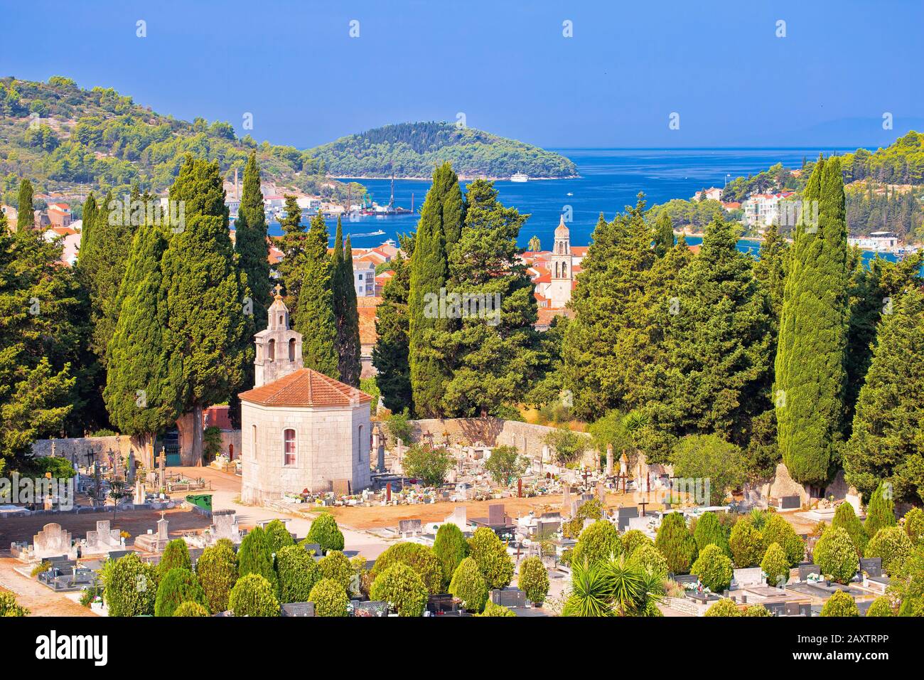 Vela Luka on Korcula island bay and cemetery view, archipelago of southern Dalmatia, Croatia Stock Photo