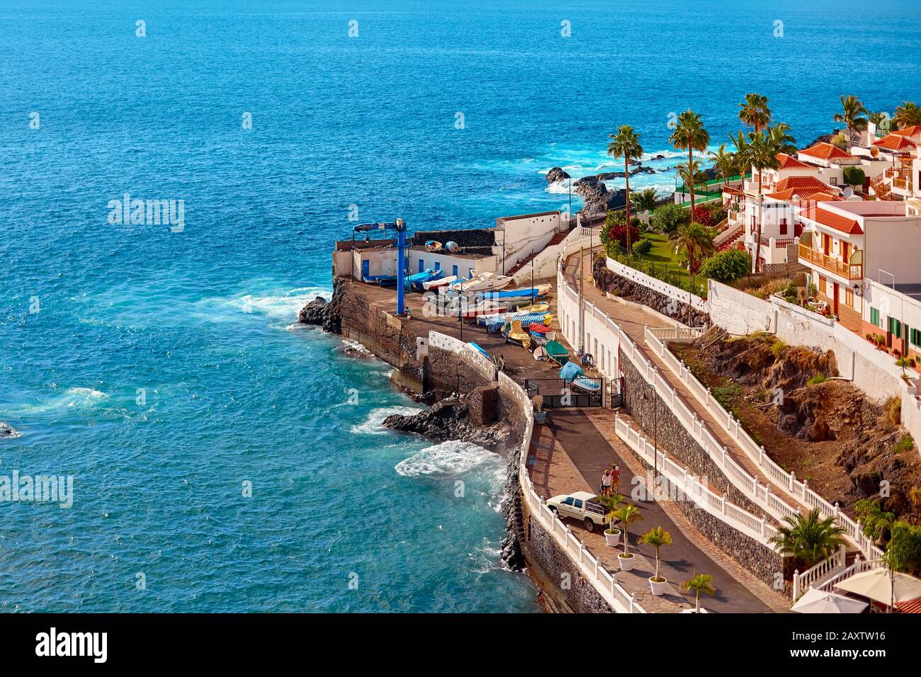 Tenerife island, aerial view of a small town, village with colorful buildings on a summer day. Seaside resort. Stock Photo