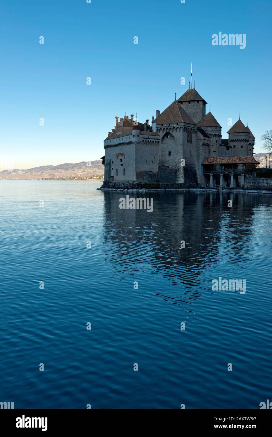 Switzerland Vaud, Waadt, Montreux, Veytaux, Château de Chillon, Schloss, castle, Lac Léman, Genfer See, Geneva Lake, printemps, Frühling, spring Stock Photo