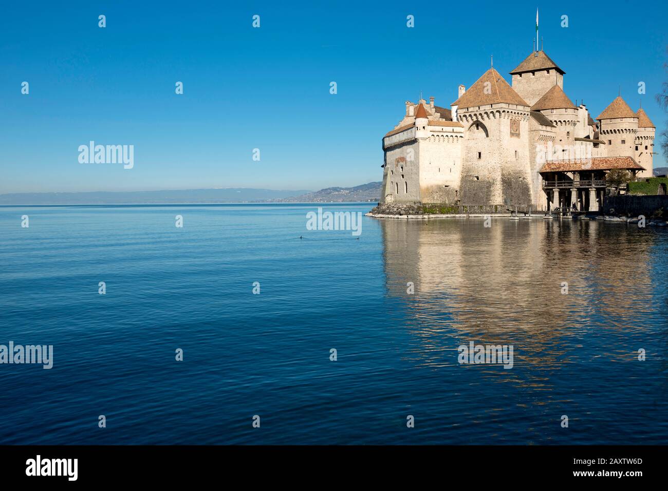 Switzerland Vaud, Waadt, Montreux, Veytaux, Château de Chillon, Schloss, castle, Lac Léman, Genfer See, Geneva Lake, printemps, Frühling, spring Stock Photo