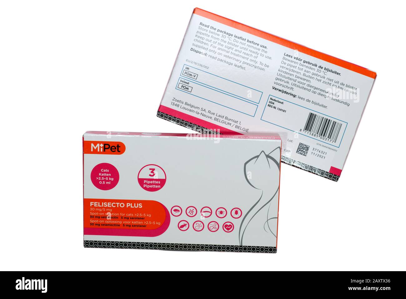 Two boxes containing three pipettes each of Mi.pet Felisecto Plus for cats weighing  2.5 - 5 kg Flea treatment Stock Photo