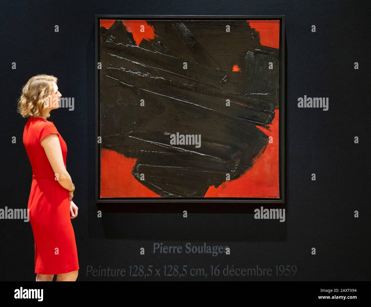 Bonhams, New Bond Street, London, UK. 13th February 2020. Peinture, 1959, French artist Pierre Soulages masterpiece will lead Bonhams Post-War & Contemporary Art Sale in London on 12 March with an estimate of £5,500,000-7,500,000. Credit: Malcolm Park/Alamy Live News. Stock Photo