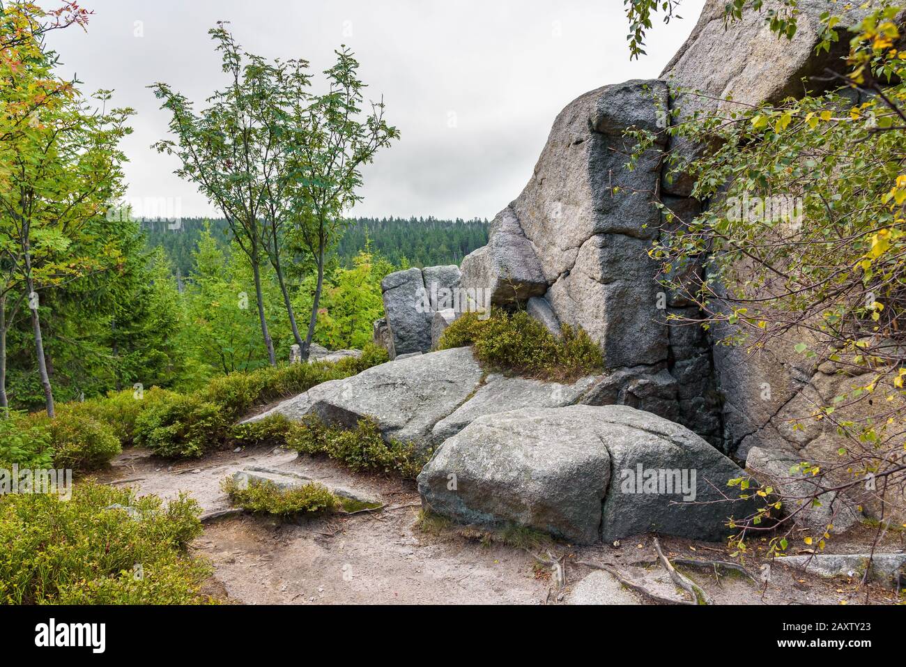 Huge rocks at red mountain trail to Szrenicka Hall near Szklarska Poreba, Poland Stock Photo