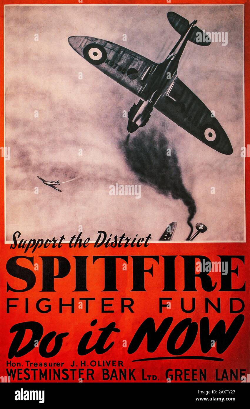 A local British World War 2 poster requesting financial support to produce more Supermarine Spitfires. It was designed as a short-range, high-performance interceptor aircraft by R. J. Mitchell, chief designer at Supermarine Aviation Works, with a higher top speed than several contemporary fighters. Stock Photo