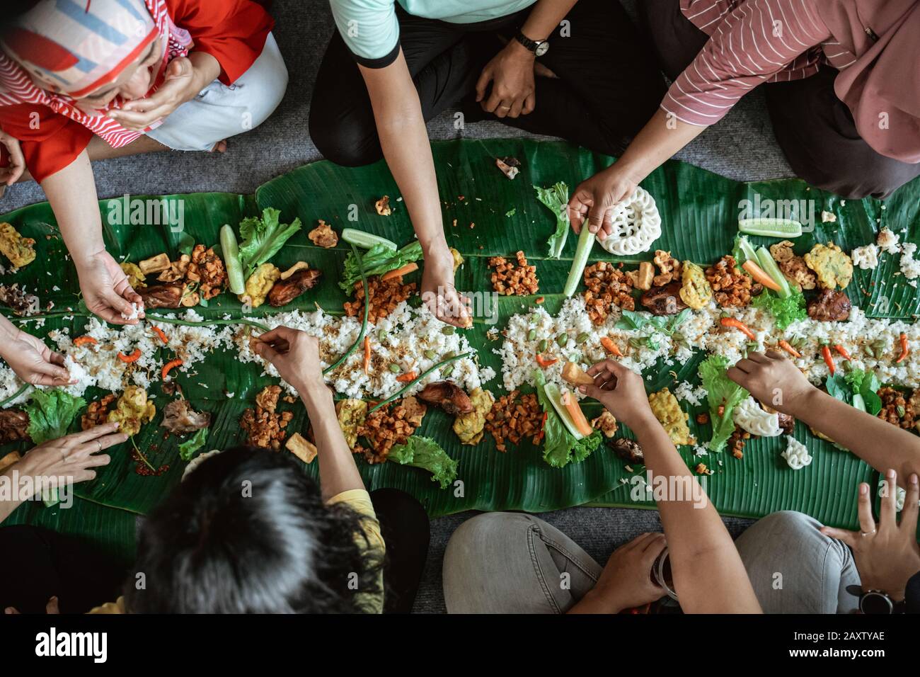 Top View portrait of people asian eating their food served on top of