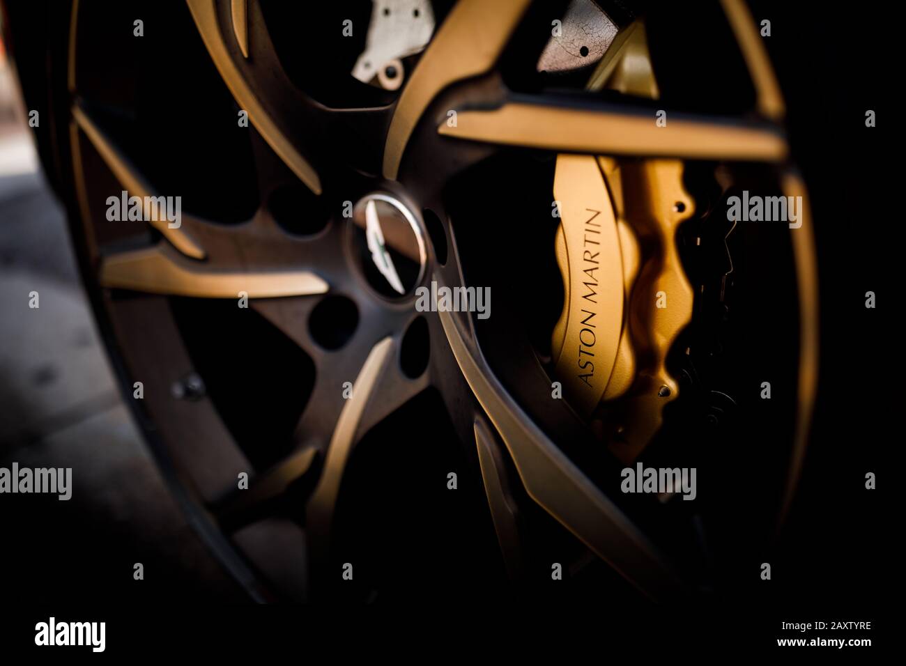Golden brakes on Aston Martin DB11 Superleggera Stock Photo