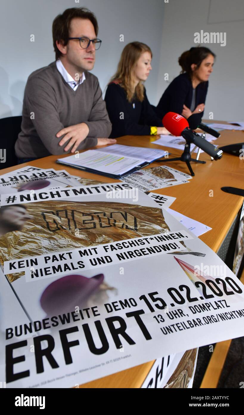 Erfurt, Germany. 13th Feb, 2020. Michael Rudolph (l-r), chairman of the DGB district Hesse-Thuringia, Annika Liebert of Fridays for Future Erfurt, and Anna Spangenberg of the alliance #undivisible, sit next to each other during a press conference on the nationwide demonstration under the motto '#Not with us: No pact with fascists* - never and nowhere! A broad alliance has called for a demonstration on 15 February following the election scandal in Thringen. Credit: Martin Schutt/dpa-Zentralbild/dpa/Alamy Live News Stock Photo