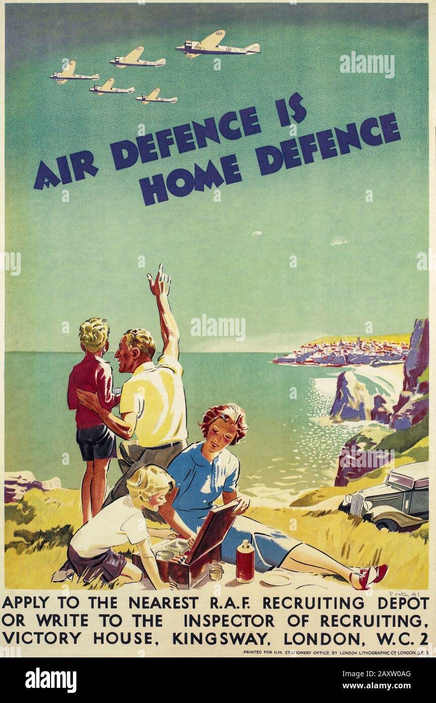A British World War 2 recruitment poster for the Royal Air Force. A subtle message ot volunteer to preserve the British,  somewhat middle class way of life. Stock Photo