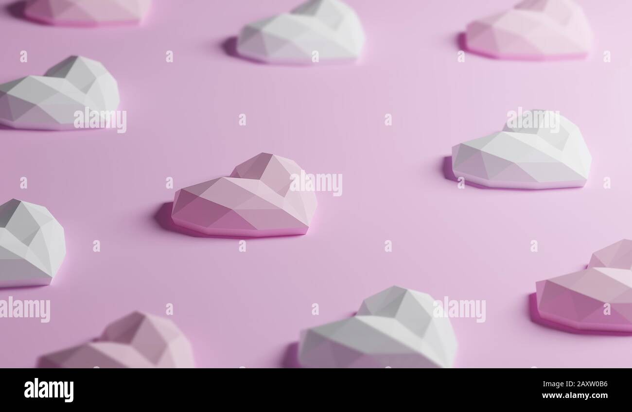 geometric configuration group of pink heart shaped isolated on sweet pastel pink color, side view. romantic valentine day background, 3d rendering Stock Photo
