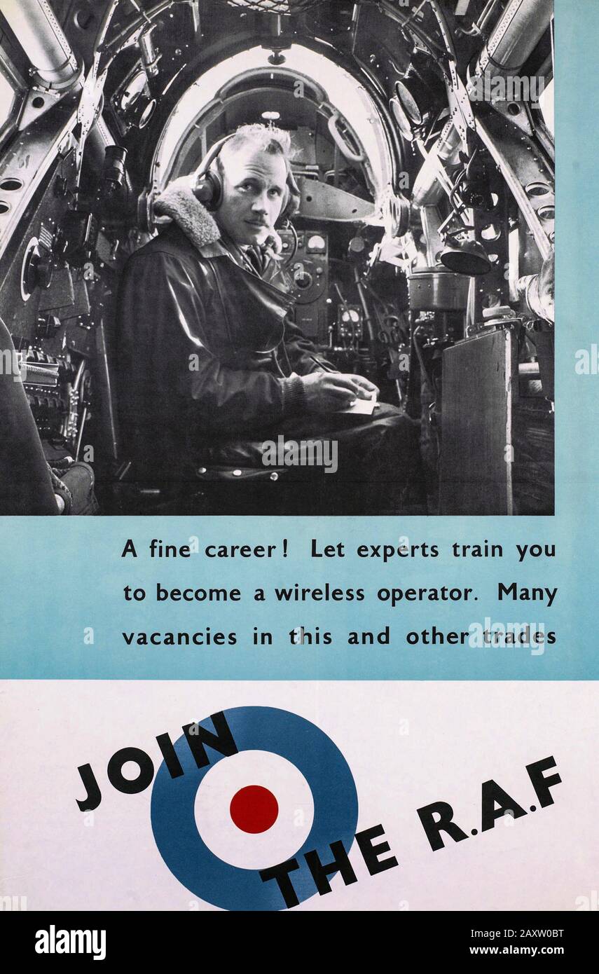 A British World War 2 recruitment poster to become a wireless operator with Bomber Command in the Royal Air Force. Their role was to send and receive wireless signals during the flight, assisting the Observer with triangulation 'fixes' to aid navigation when necessary and if attacked to use the defensive machine gun armament of the bomber to fight off enemy aircraft. Stock Photo