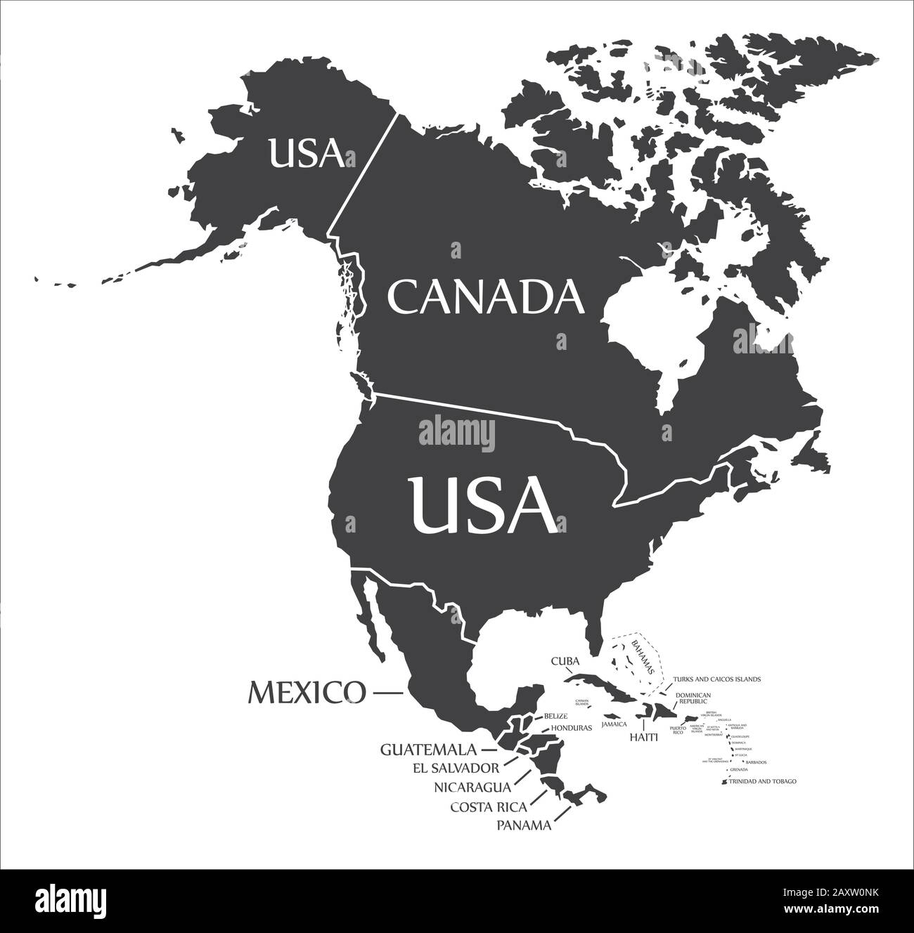 North America continent map with countries and labels black Stock