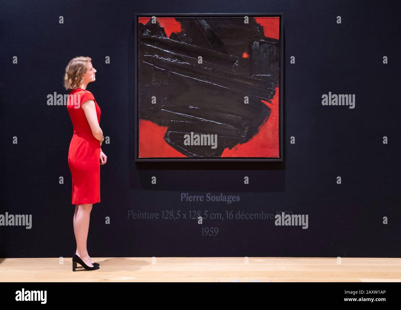 Bonhams, New Bond Street, London, UK. 13th February 2020. Peinture, 1959, French artist Pierre Soulages masterpiece will lead Bonhams Post-War & Contemporary Art Sale in London on 12 March with an estimate of £5,500,000-7,500,000. Credit: Malcolm Park/Alamy Live News. Stock Photo