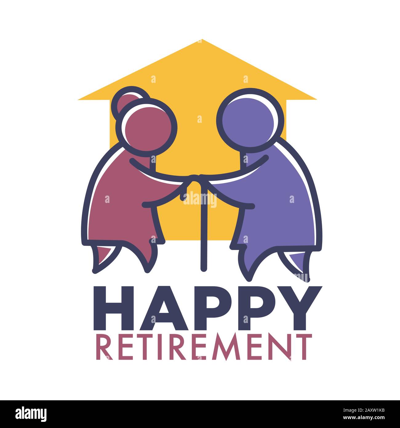 Happy retirement nursing home logo with elderly couple holding cane Stock Vector