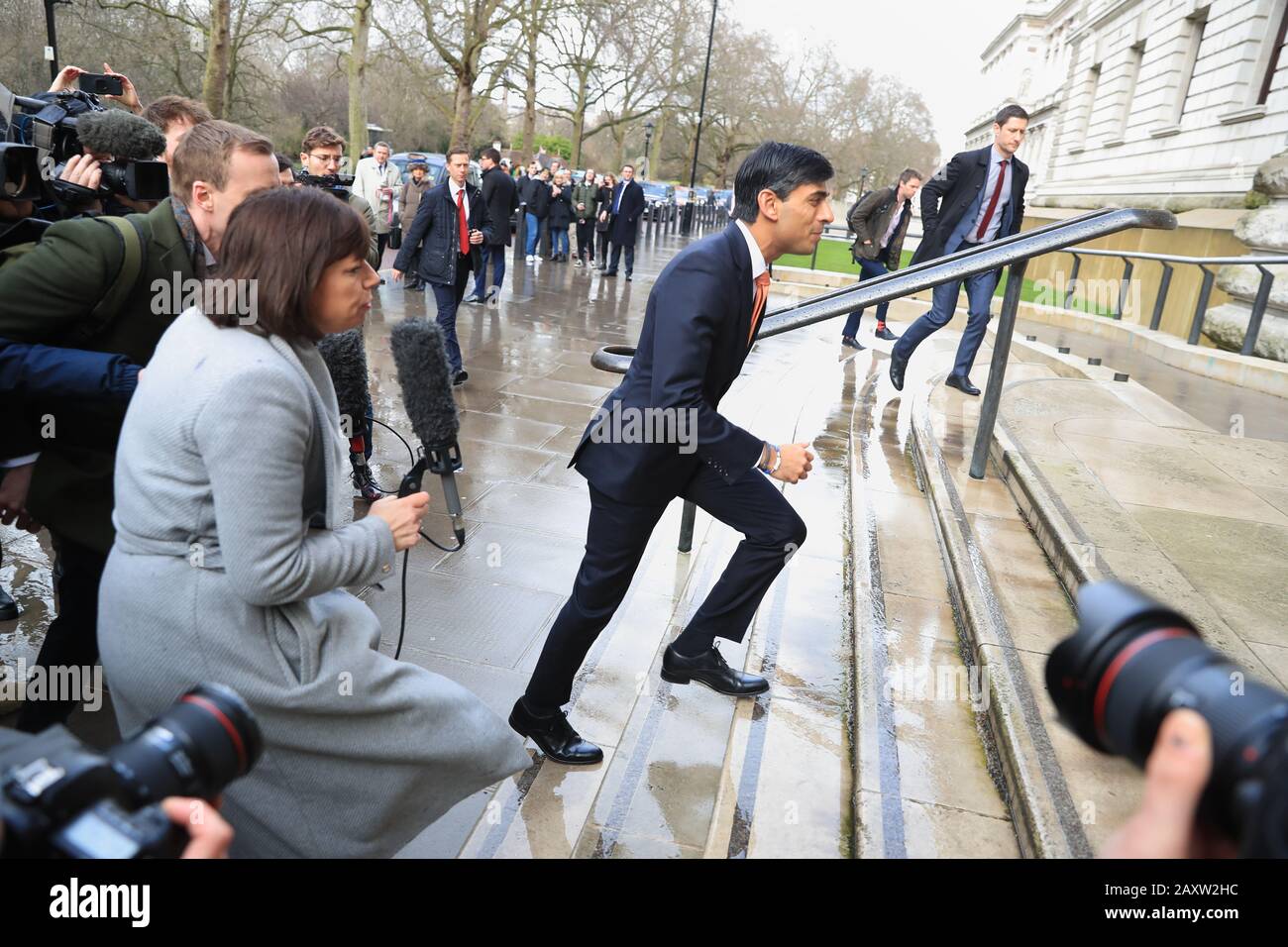 Newly installed Chancellor of the Exchequer Rishi Sunak arrives at the Treasury in London. Stock Photo
