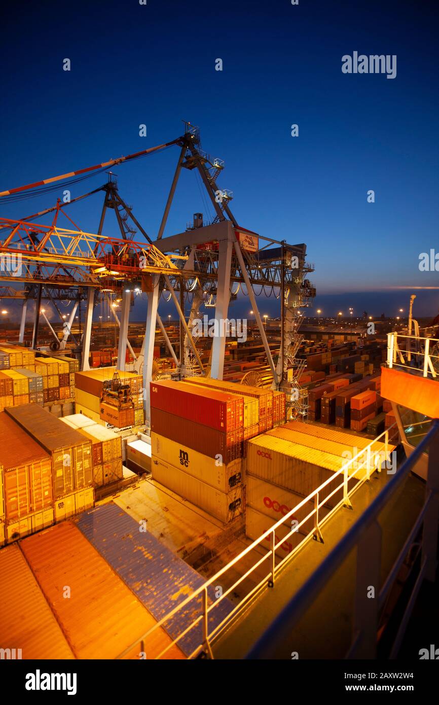 View from the bridge of a container Ship at night Stock Photo