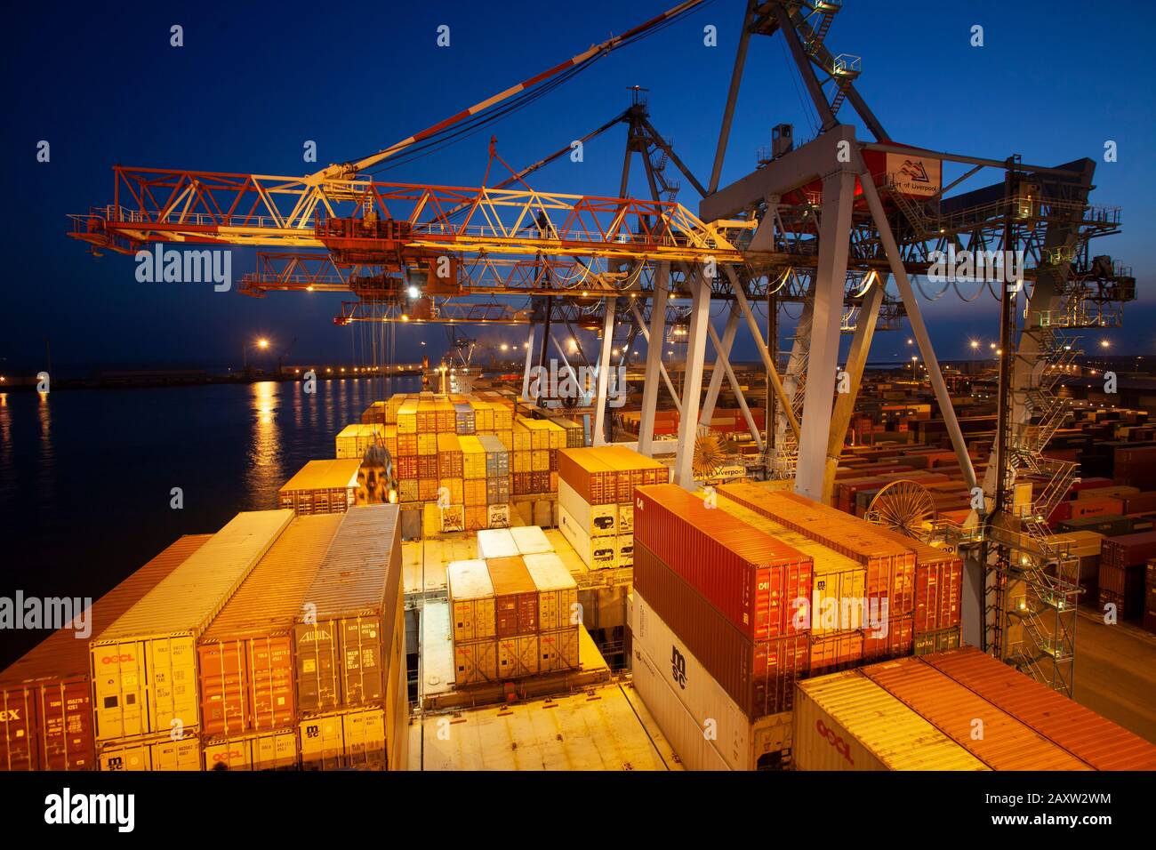 View from the bridge of a container Ship at night Stock Photo