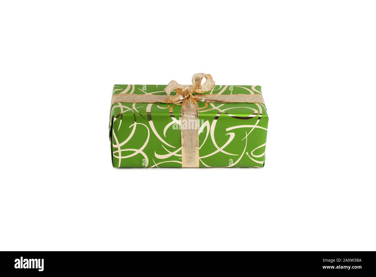 packaged rectangular gift in green packaging with gold bow and gold pattern on a white background Stock Photo