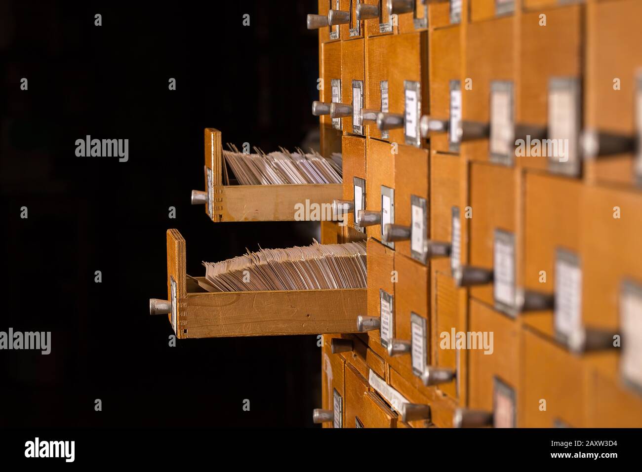 Old library or archive reference catalogue with opened card drawer