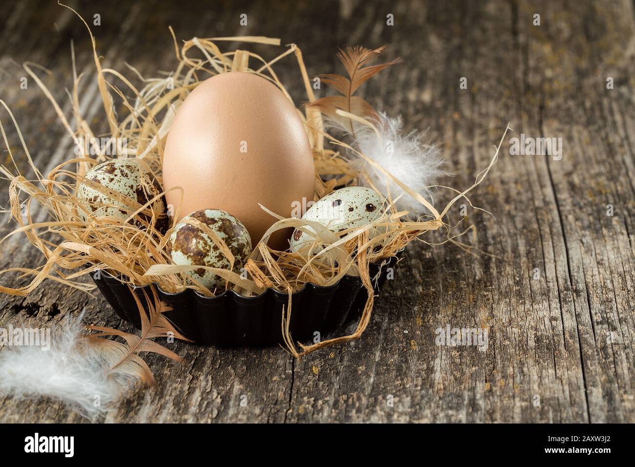 Easter eggs with feather on rustic table. Fresh country eggs with straw. Happy Easter Stock Photo