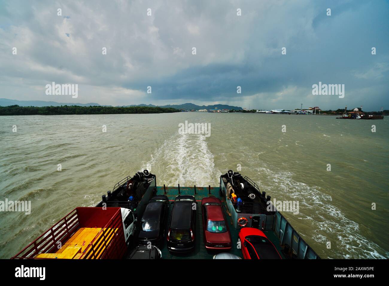 Cars aboard car ferry crossing the Strait of Malacca to Langkawi, Malaysia Stock Photo