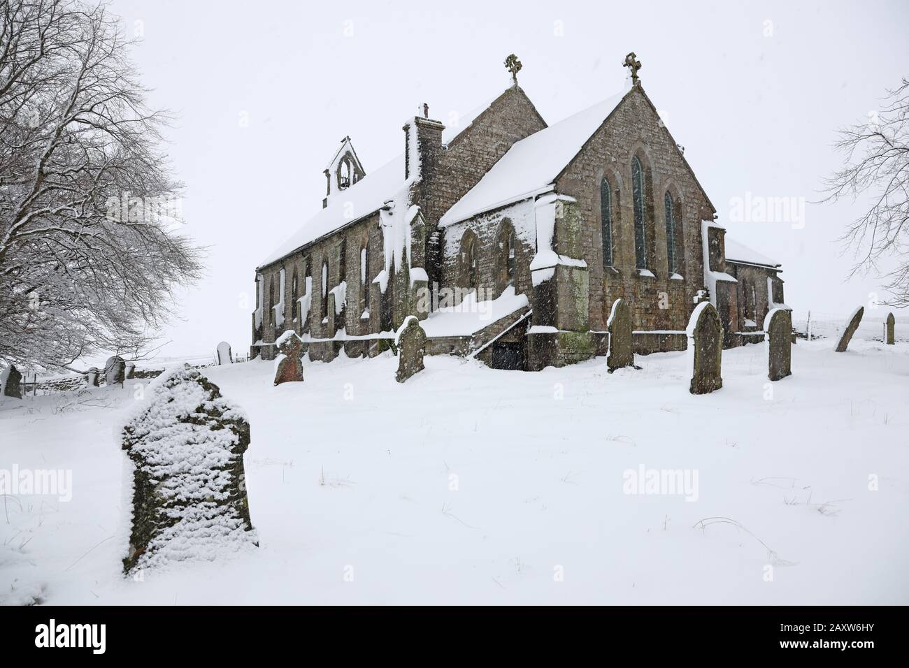 Langdon Beck, Upper Teesdale, County Durham UK. . 13th February 2020. UK Weather.  With a yellow weather warning in force deep snow surrounds the Church of St James the Less in the small community of Langdon Beck. Credit: David Forster/Alamy Live News Stock Photo