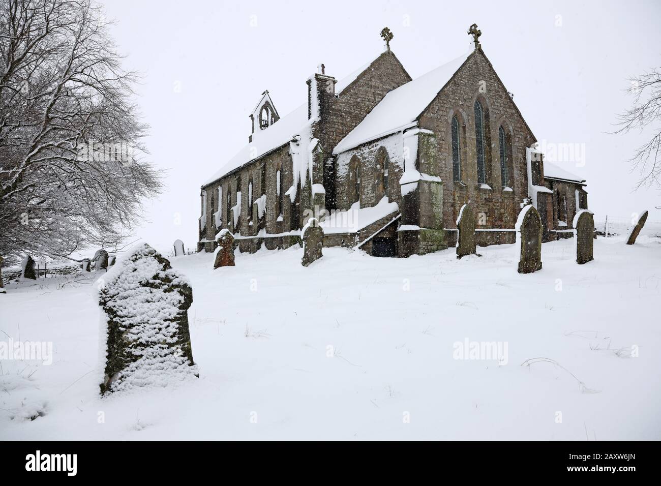 Langdon Beck, Upper Teesdale, County Durham UK. . 13th February 2020. UK Weather.  With a yellow weather warning in force deep snow surrounds the Church of St James the Less in the small community of Langdon Beck. Credit: David Forster/Alamy Live News Stock Photo