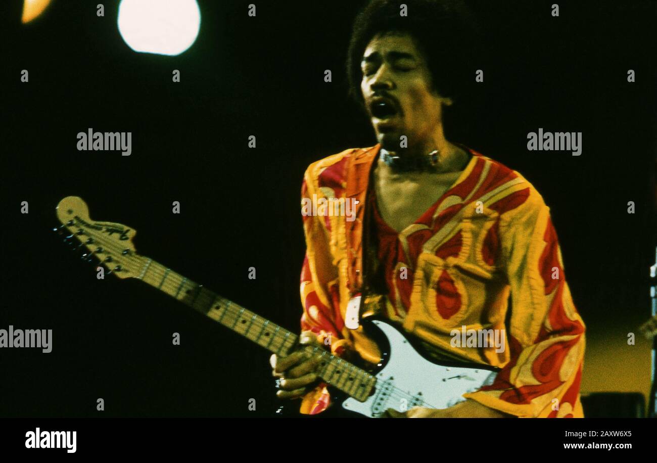 Jimi Hendrix at the famous Isle of Wight Festival in 1970, it is estimated that between 600 and 700,000 people attended. Sunday, August 30, 1970 Stock Photo