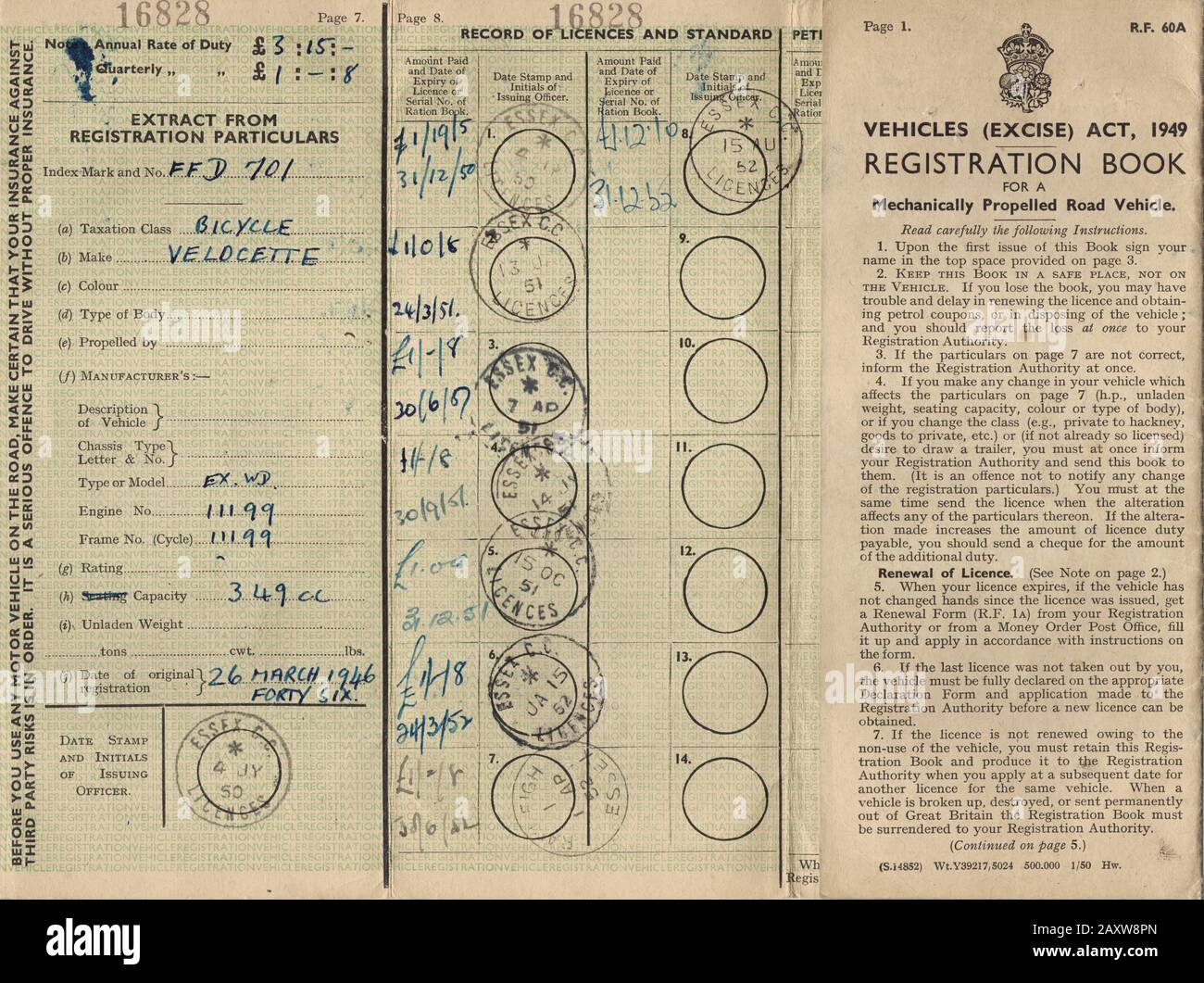 Vehicle Registration Book 1949 Stock Photo Alamy