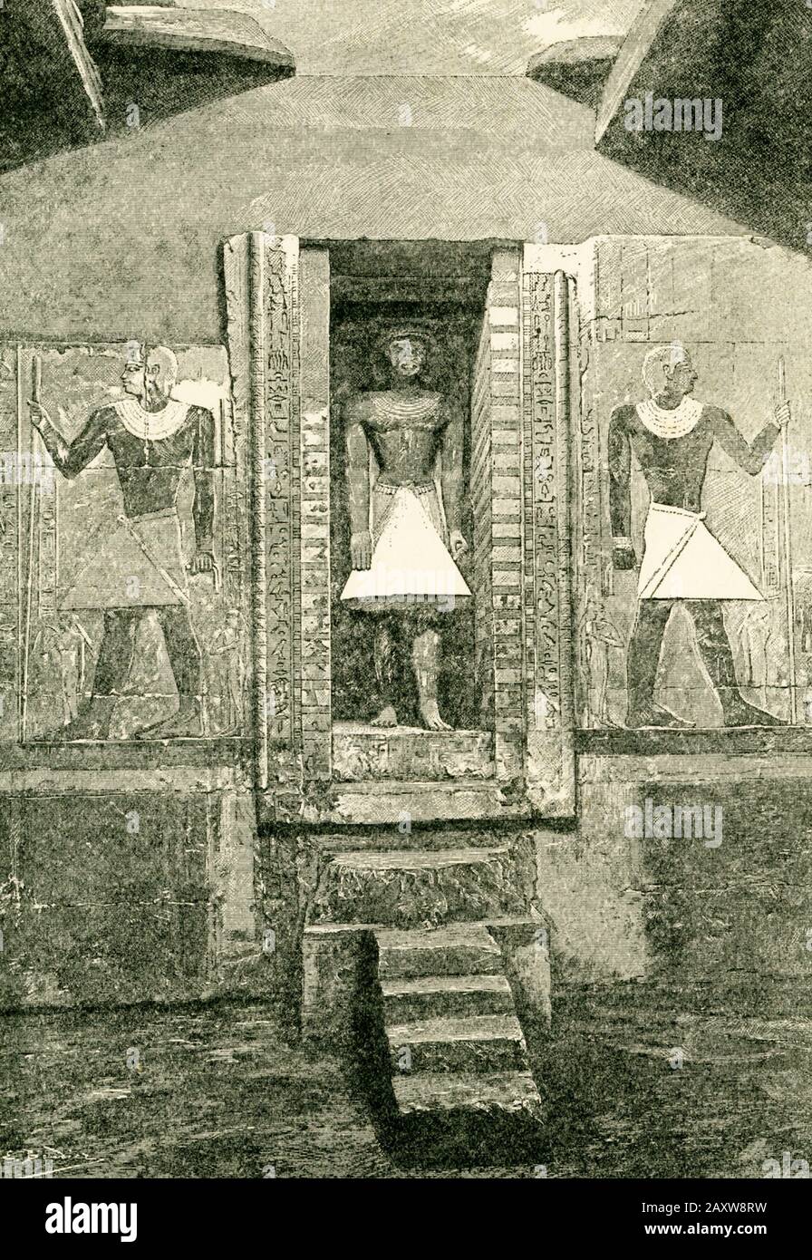 Stele in the form of a door, and the statue of the tomb of Mirruka, drawn by Boudier from a photograph of the tomb of Mirruka drawn by M de Morgan.  Mirruka is now more commonly spelled Mereruka.  The mastaba of Mereruka is the largest and most elaborate of all the non-royal tombs in Saqqara with 33 rooms or chambers in total. Mereruka was the vizier to king Teti (C 2323-2191 BC)the first ruler of the 6th dynasty (c 2323-2150 BC) Old Kingdom period of Egypt. Stock Photo