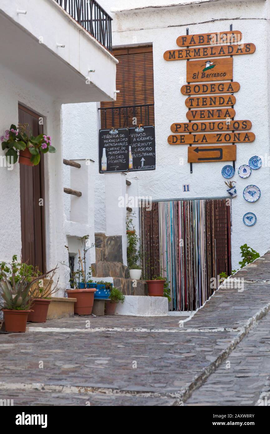 Signs on jam factory shop in Pampaneira, Andalucia, Spain in February Stock Photo