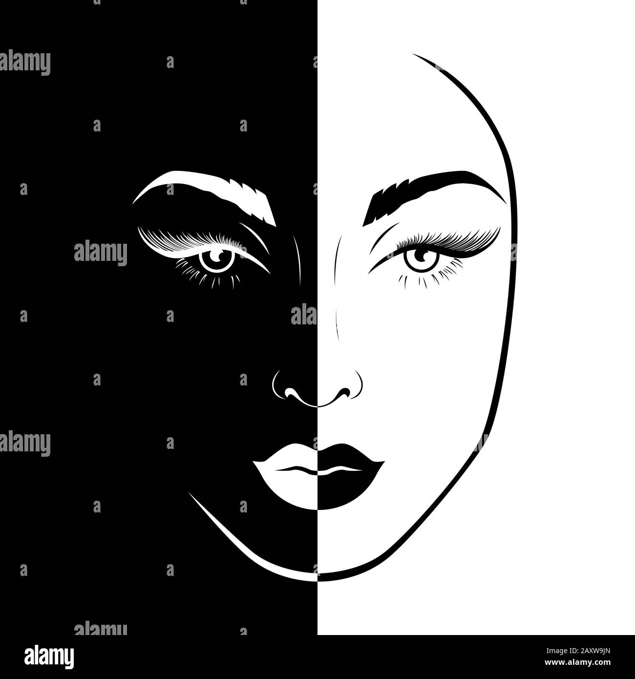 Abstract beautiful female face split in Negative Positive space, black and white conceptual expression, hand drawing illustration Stock Vector