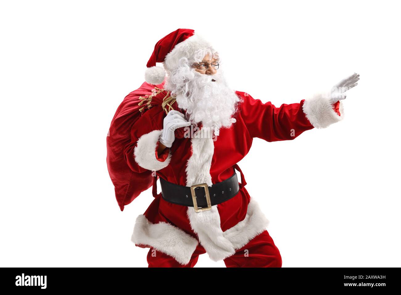 Santa Claus with a sack in a hurry gesturing with hand isolated on white background Stock Photo
