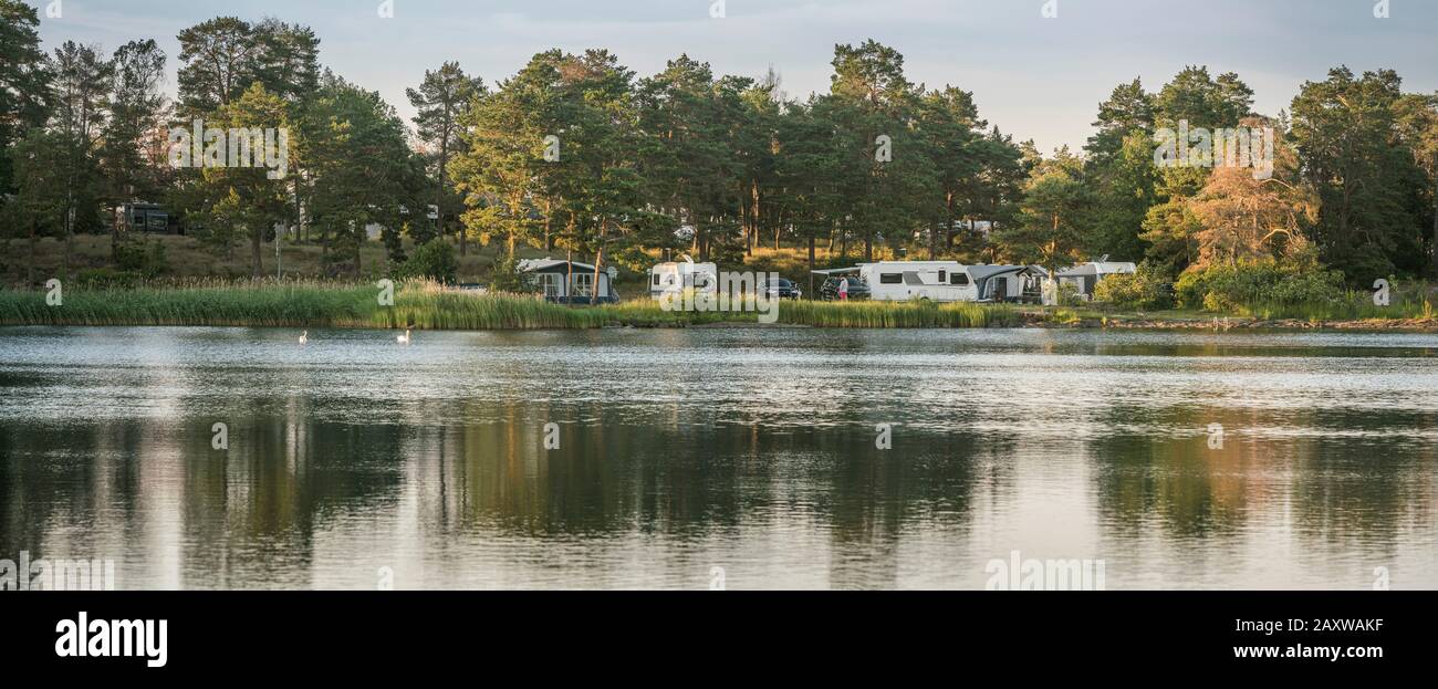 Panorama of camping site by the water. Oskarshamn. Smaland, Sweden, Scandinavia. Stock Photo
