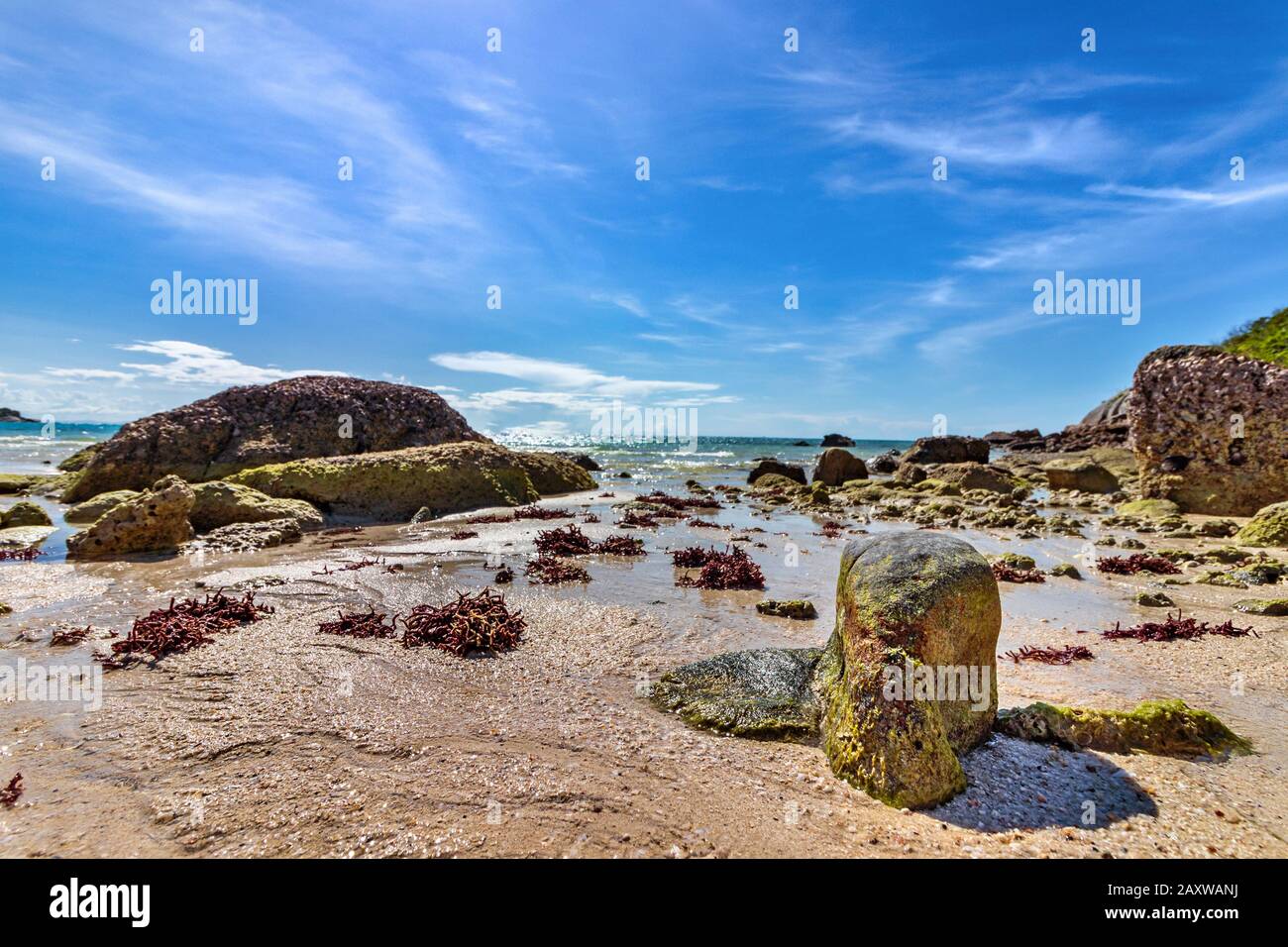Scenic view of rocks and beach at the coastline of Lizard Island in Australia Stock Photo
