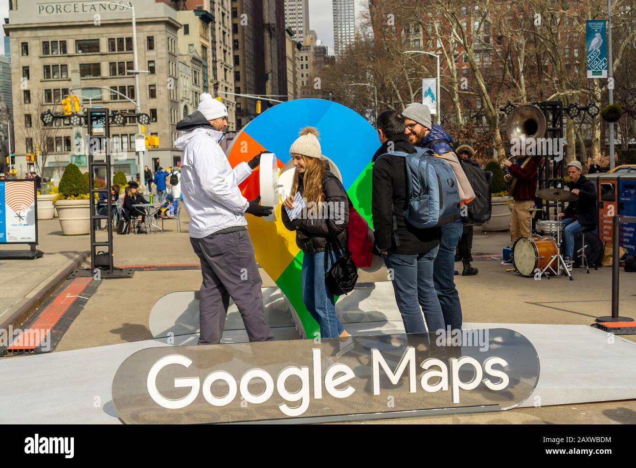 Visitors to Flatiron Plaza in New York vie for prizes as they participate in a Google Maps brand activation on Saturday, February 8, 2020. Google celebrated 15 years of their Maps app with a new design with various new features and a new icon. (© Richard B. Levine) Stock Photo