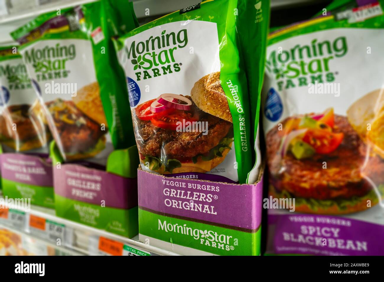 Packages of Kellogg’s MorningStar Farms veggie burgers in a supermarket in New York on Tuesday, February 4, 2020. Sales of MorningStar Farms as well as other Kellogg frozen products climbed in the last quarter. (© Richard B. Levine) Stock Photo
