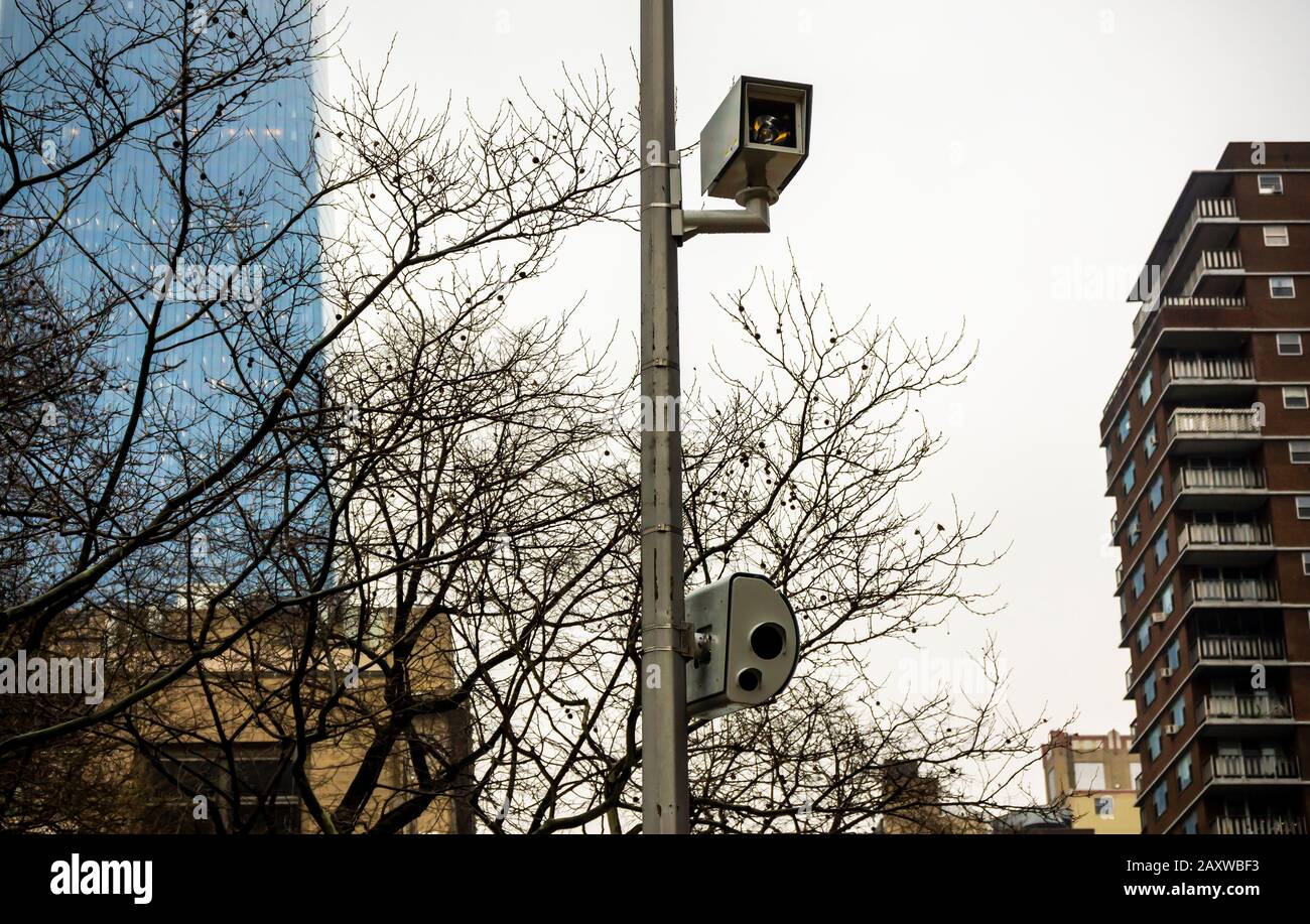 A red light camera in the Chelsea neighborhood of New York on Tuesday, February 11, 2020. New York City is starting the Dangerous Vehicle Abatement Program requiring drivers who acquire multiple red light or speed camera violations to take a traffic safety course or have their vehicles impounded. (© Richard B. Levine) Stock Photo