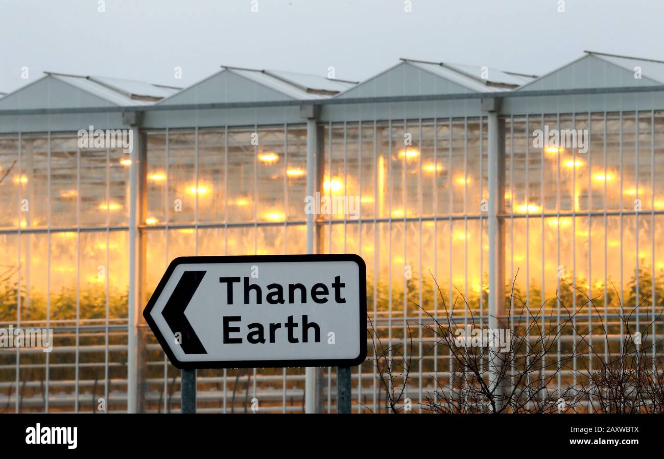 A road sign to Thanet Earth in Birchington, Kent. The enormous glasshouses are estimated to produce around 400 million tomatoes, 30 million cucumbers and 24 million peppers each year. Stock Photo