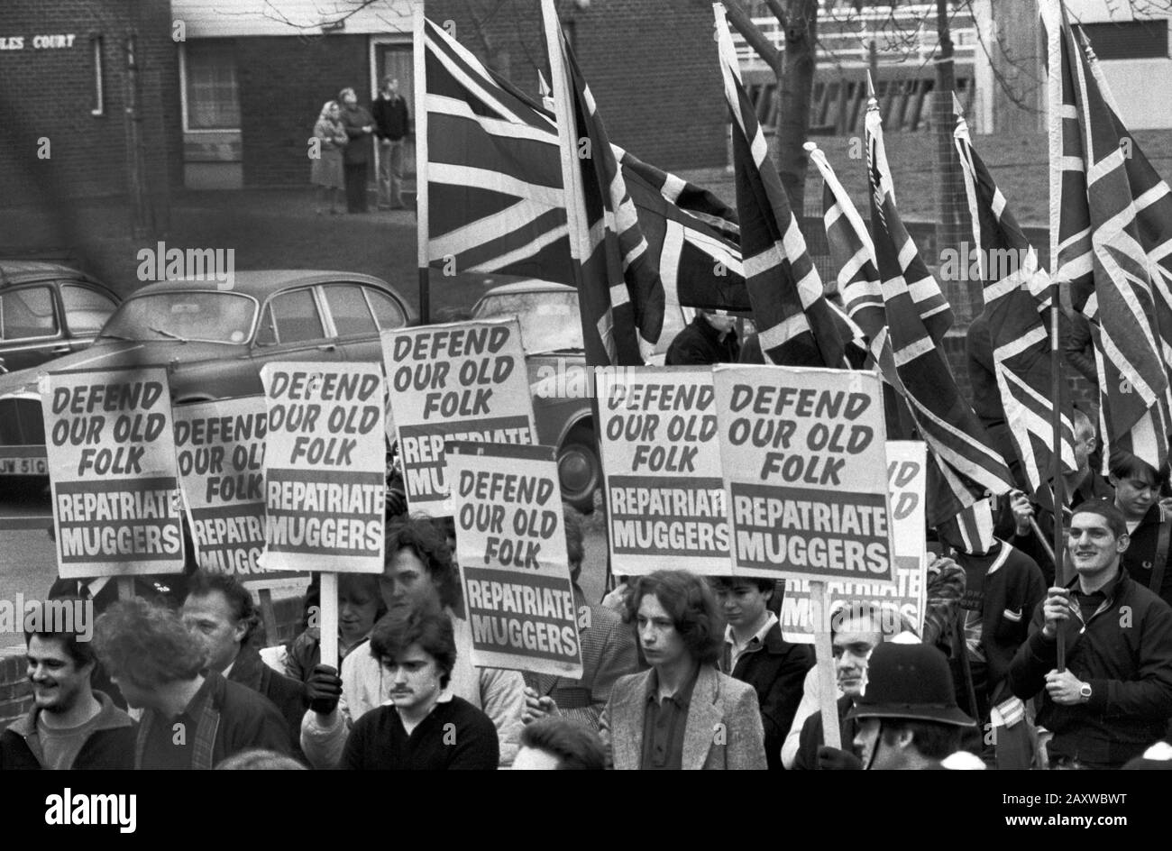 National Front march through Southwark South London 1980. Banner say, Defend Our Old Folk Repatriate Muggers. 1980s UK HOMER SYKES Stock Photo