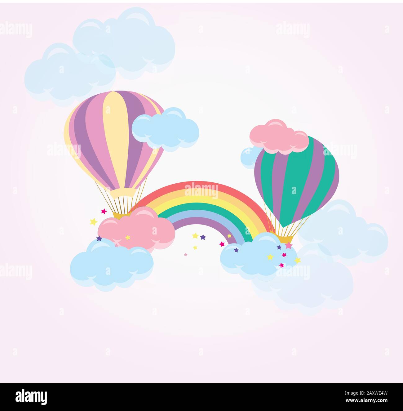 Cute childish vector illustration - hot air balloon with clouds and rainbow on a soft gradient background. Baby postcard Stock Vector