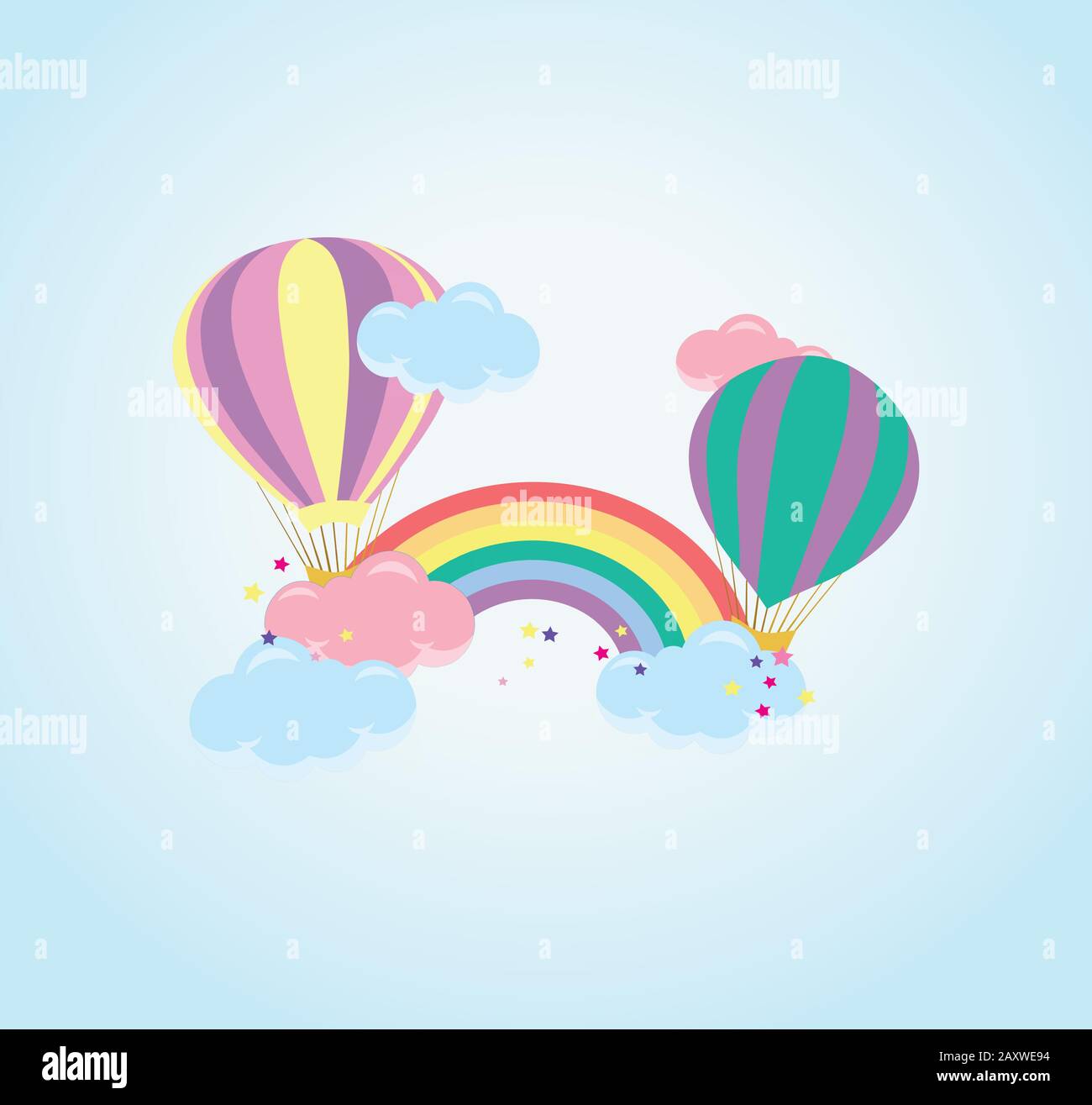 Cute childish vector illustration - balloon with clouds and rainbow on a blue gradient background. Baby postcard Stock Vector