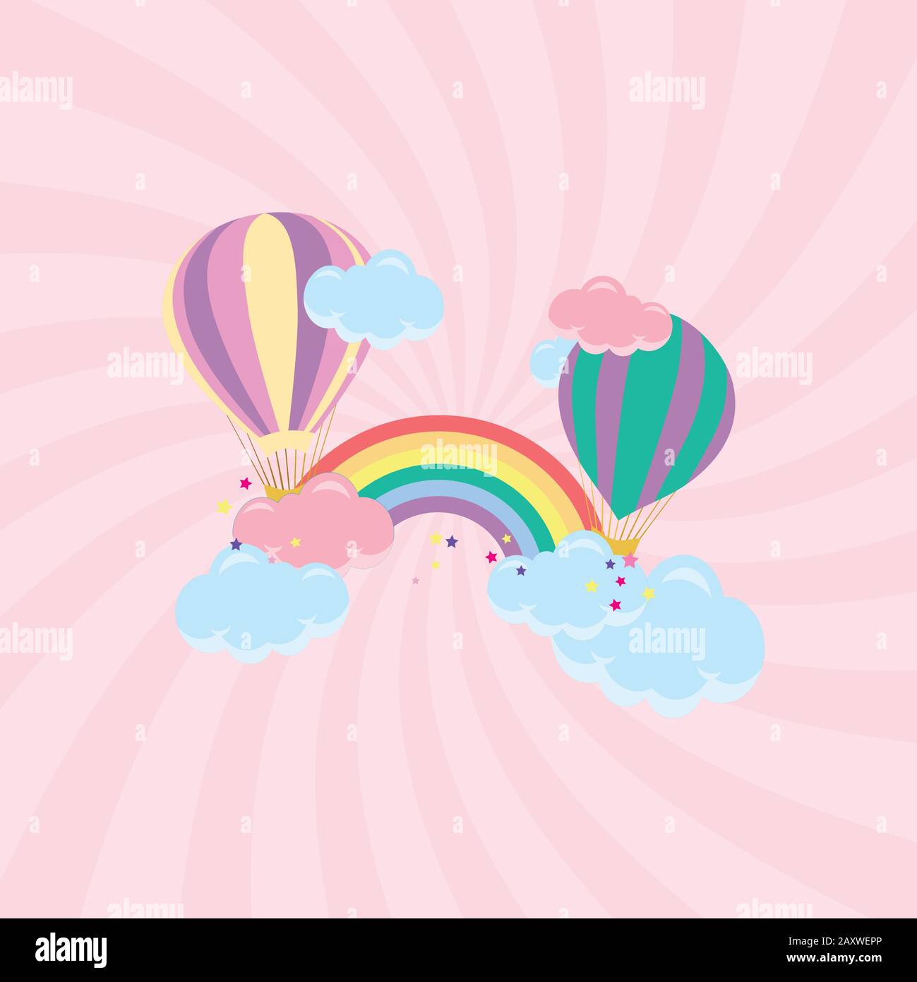 Cute childish vector illustration - hot air balloon with clouds and rainbow pink pattern background. Baby postcard Stock Vector