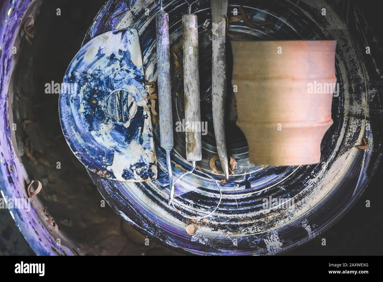 Potter's tools closeup on the potter's wheel. pottery. Master