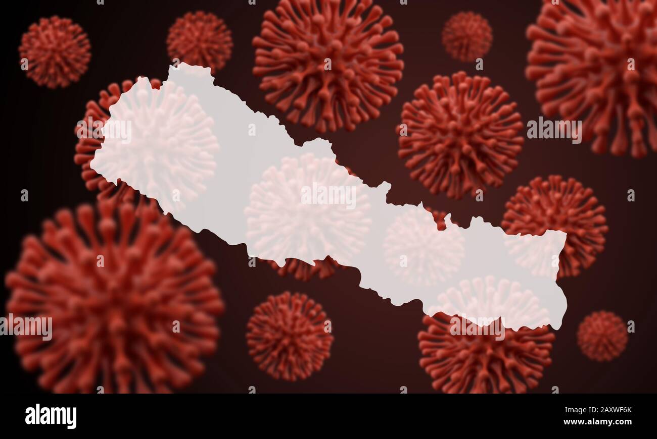 Nepal map over a scientific virus microbe background. 3D Rendering Stock Photo